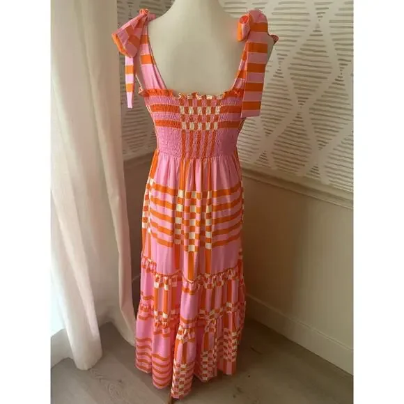 Boutique Women’s Large Pink Orange Gingham Smocked Shoulder Tie Maxi Dress NWT - Picture 6 of 7